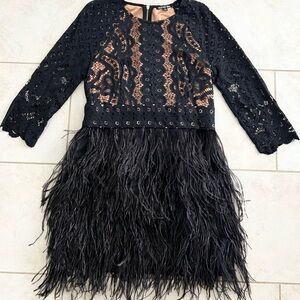 Gianni Bini Elegant Black Lace Feathered Dress
